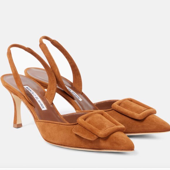 Manolo Blahnik Shoes - Manolo Blahnik Maysli 70 Suede Slingback Pump In Medium Brown